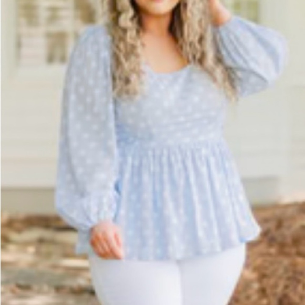 Chic Soul Light Blue Polka Dot Peplum Blouse - Women
